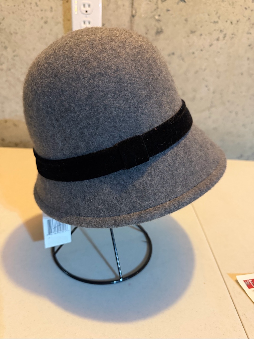 Nine West Grey Wool Cloche Hat with Black Velvet Band